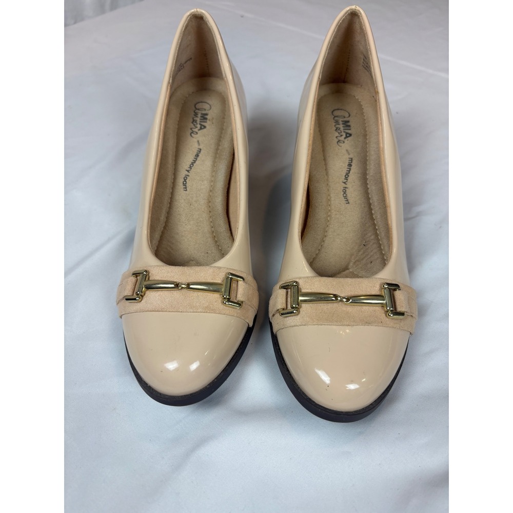 MIA Amore Nude Patent Block Heel Pumps Horsebit Detail Memory Foam Women 10M